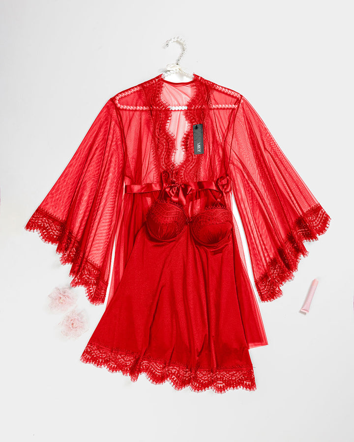 Tulle Robe & Satin Babydoll Set 6155-26