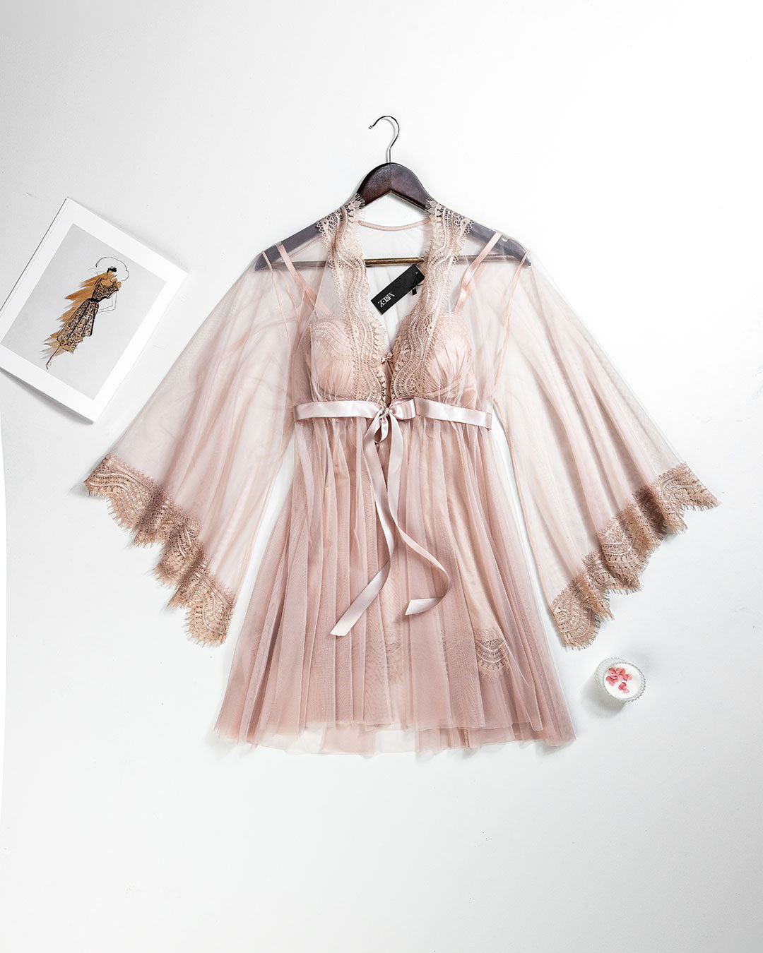 Tulle Robe & Satin Babydoll Set 6155-26