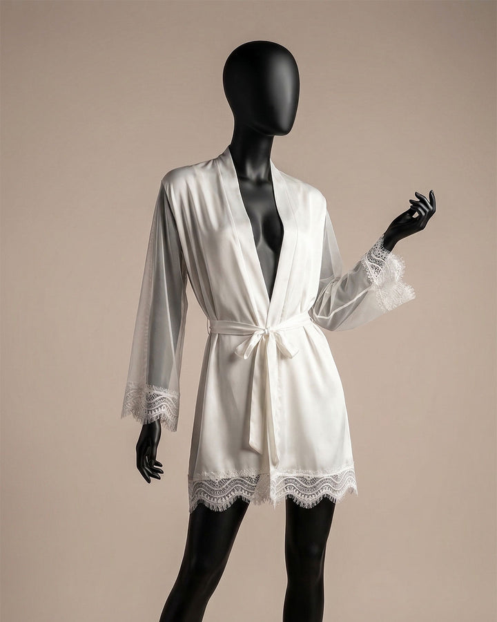 Satin Lace-Trim Short Robe 6624-26